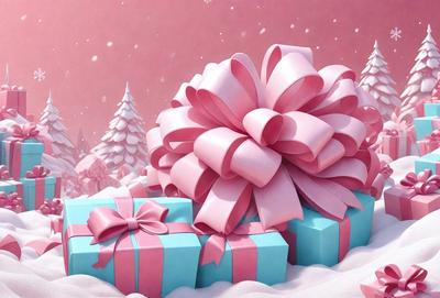 The primary subject of the image is a large, beautifully wrapped pink bow, which is placed on top of a blue gift. The setting is a snowy environment, with trees in the background. The visual style is a digital art, illustration, or drawing, creating a festive and warm atmosphere. The dominant colors are pink and blue, with the pink bow being the focal point of the image.